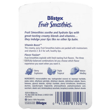 Blistex Fruit Smoothies Lip Moisturizers 3 Creamy Sticks Pack, 0.10 Oz, 3 Ea