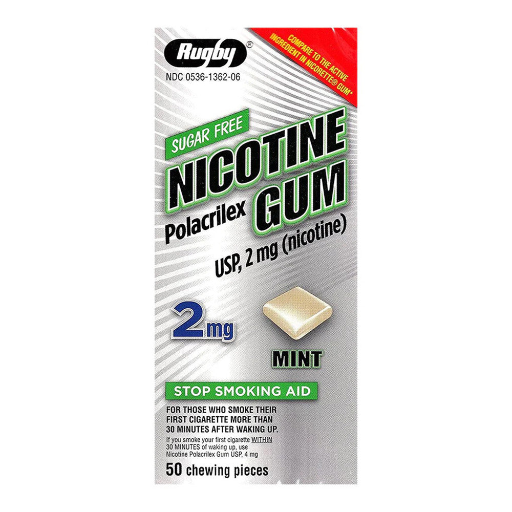 Rugby Sugar Free 2 Mg Nicotine Polacrilex Gum Mint Chewable Pieces, Stop Smoking Aid, 50 Ea
