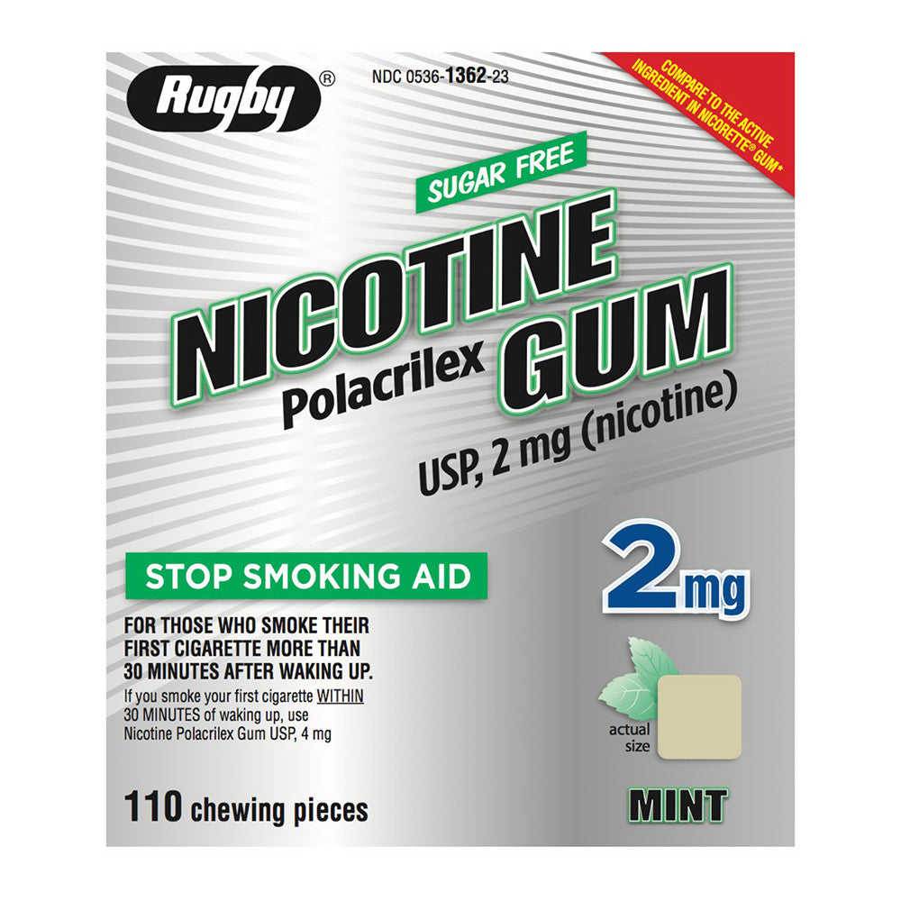 Rugby Sugar Free 2 Mg Nicotine Polacrilex Gum Mint Chewable Pieces, Stop Smoking Aid, 110 Ea