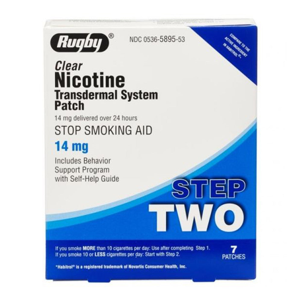 Rugby Step 2 Clear Nicotine Transdermal System 14 mg, Stop Smoking Aid Patches, 7 Ea