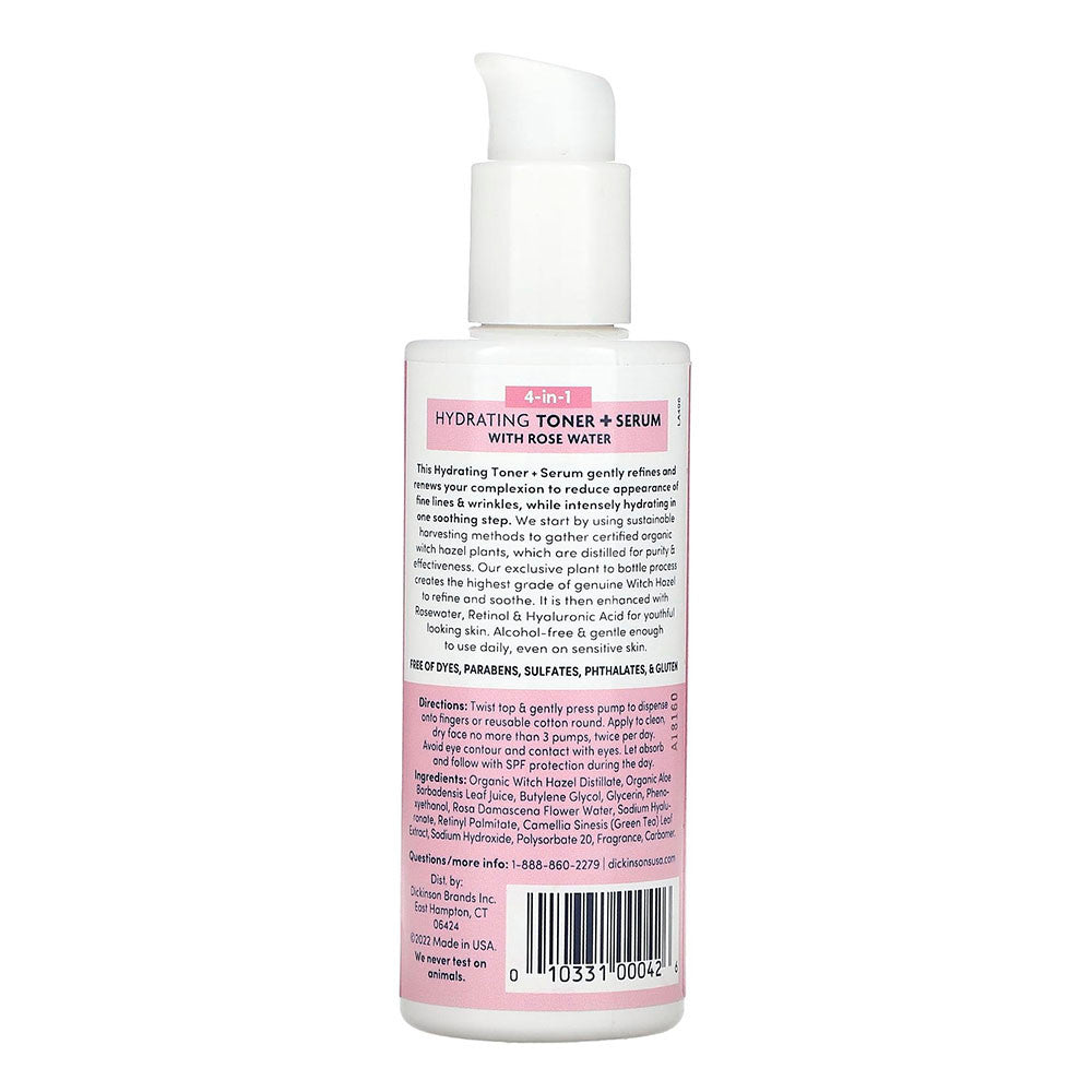Dickinson Witch Hazel 4 in 1 Hydrating Toner and Serum with Rose Water, 4 Oz