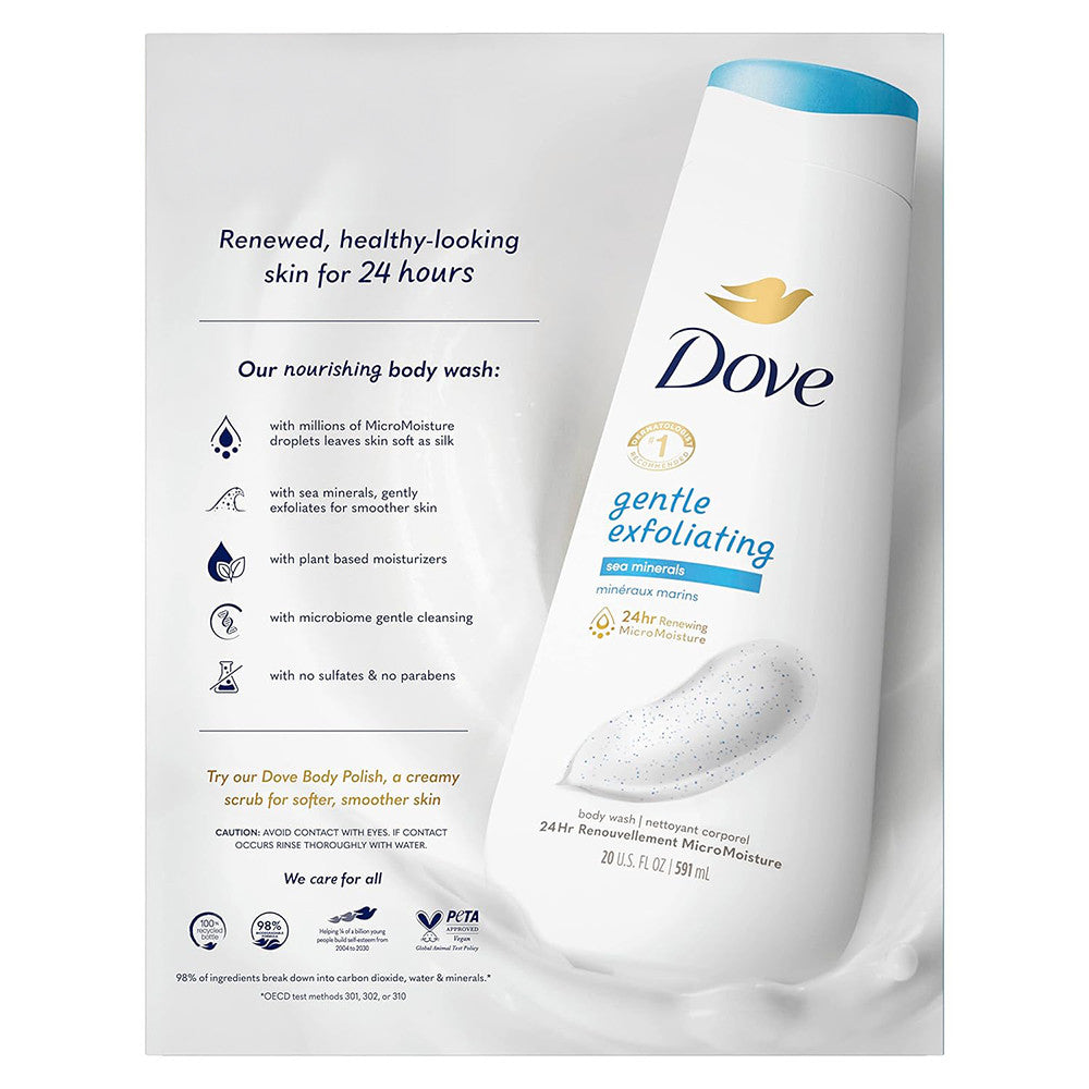 Dove Gentle Exfoliating Long Lasting Womens Body Wash Sea Minerals All Skin Types, 20 Oz