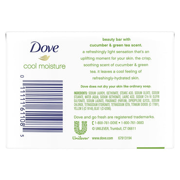 Dove Beauty Bar Women's Bath Soap Cool Moisturizing Gentle Cucumber and Green Tea, 4 Ea, 3.75 Oz