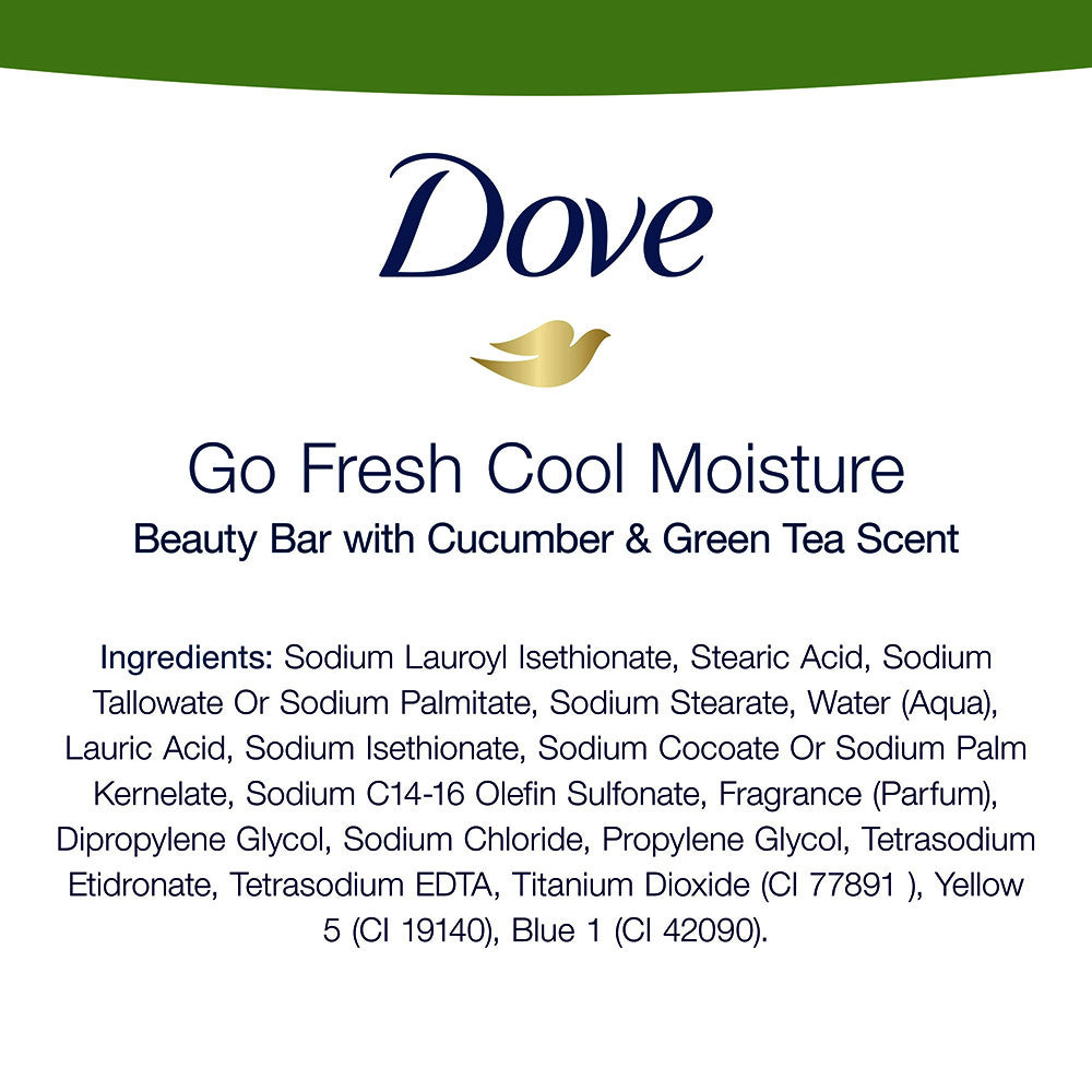 Dove Beauty Bar Women's Bath Soap Cool Moisturizing Gentle Cucumber and Green Tea, 4 Ea, 3.75 Oz