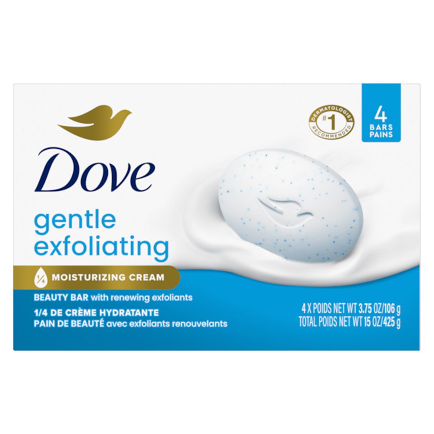 Dove Beauty Bar Gentle Exfoliating Moisturizing Cream Washes away Dirt and Germs 3.75Oz (106g) 4Ea