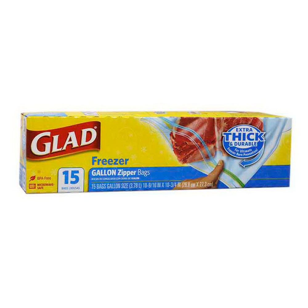 Glad Zipper Food Storage Freezer Bags Gallon, 15 Ea