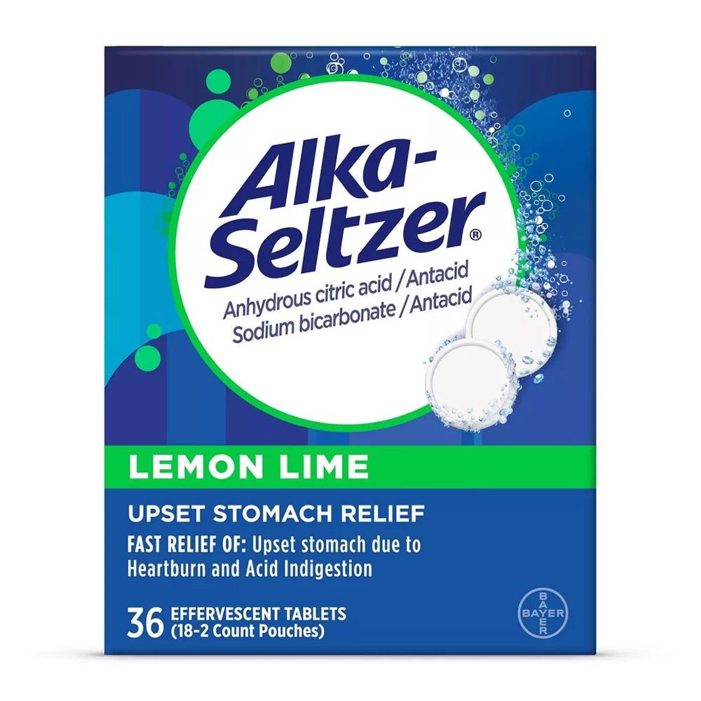 Alka Seltzer Antacid and Pain Relief Effervescent Tablets Lemon Lime 36Ea