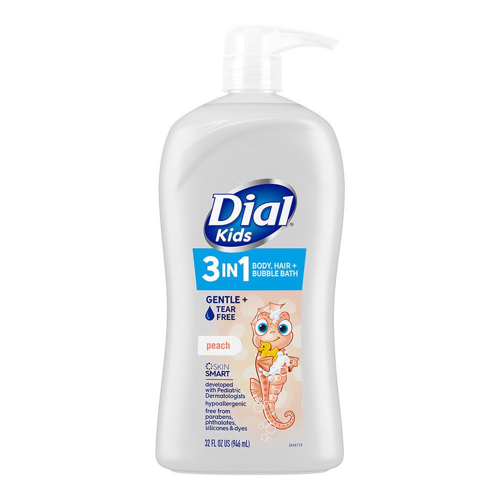 Dial Kids 3 In 1 Body And Hair Plus Bubble Bath, Peach, 32 Oz