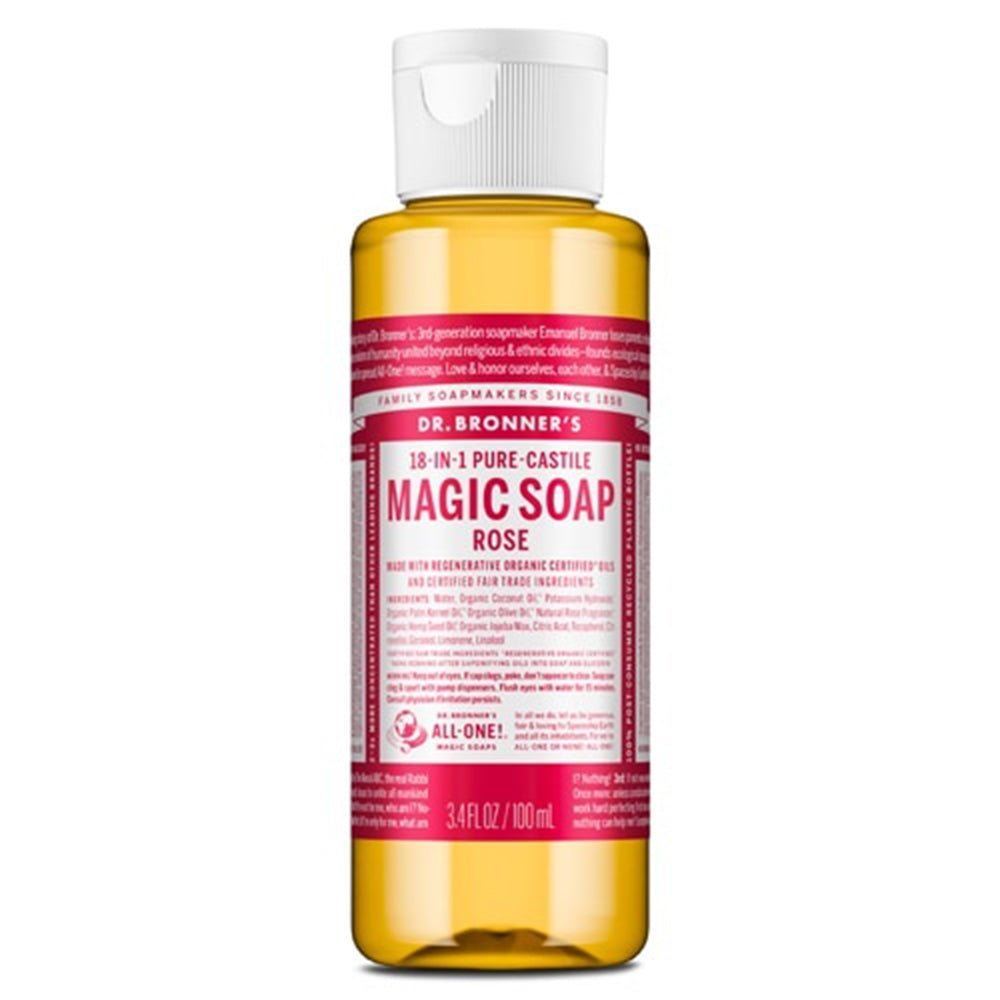 Dr Bronners 18 in 1 Pure Castile Magic Liquid Soap Rose Fragrance Leaving Skin Feeling Soft 3.4Oz (100ml)