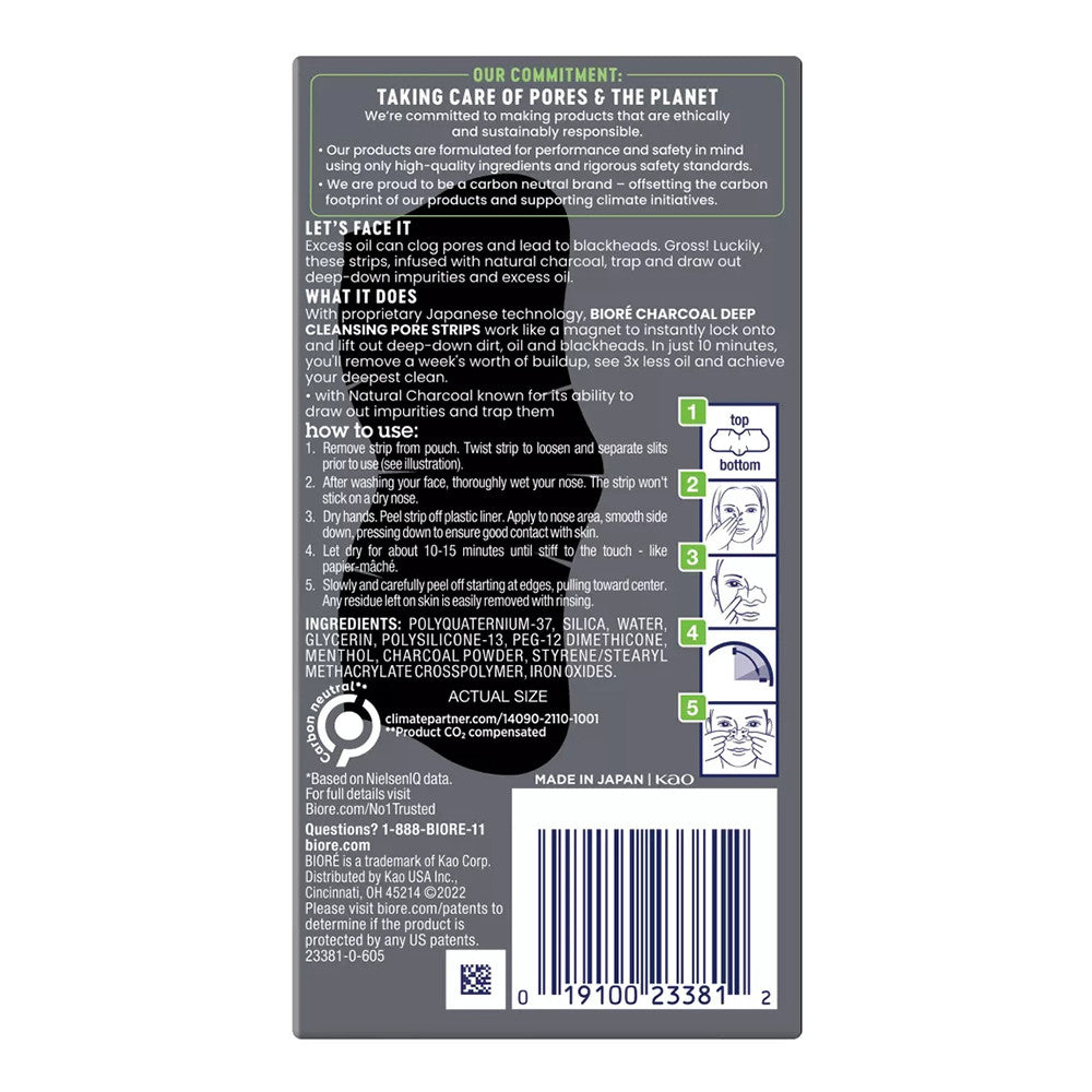 Biore Charcoal Deep Cleansing Blackhead Remover Pore Strips, Deep Cleansing Nose Strips, 18 Ea