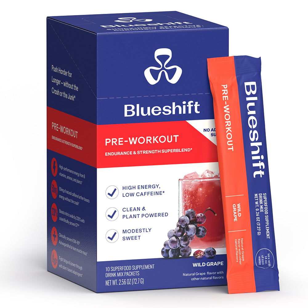 Blueshift Pre Workout Drink Mix Powder Packets Wild Grape Flavor High Energy Low Caffeine Sticks 10Ea