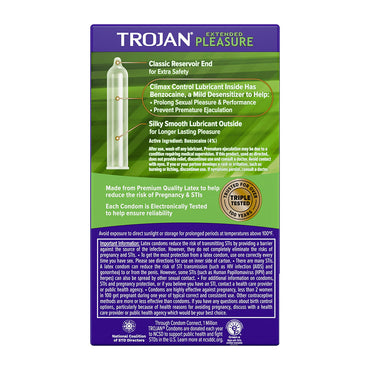 Trojan Extended Pleasure Latex Condoms, Climax Control Lubricant, 12 Ea