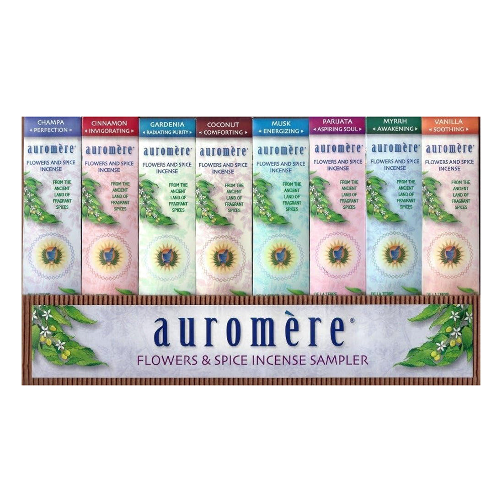 Auromere Flowers and Spice Incense 8 Fragrance Sampler Aromatherapy Floral and Spice Blend Set 1Ea