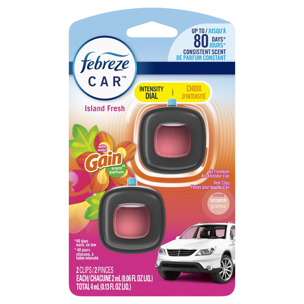 Febreze Car Vent Clip Gain Island Fresh Scent Long Lasting Car Freshener and Odor Eliminator 0.06Oz (2ml) 2Ea