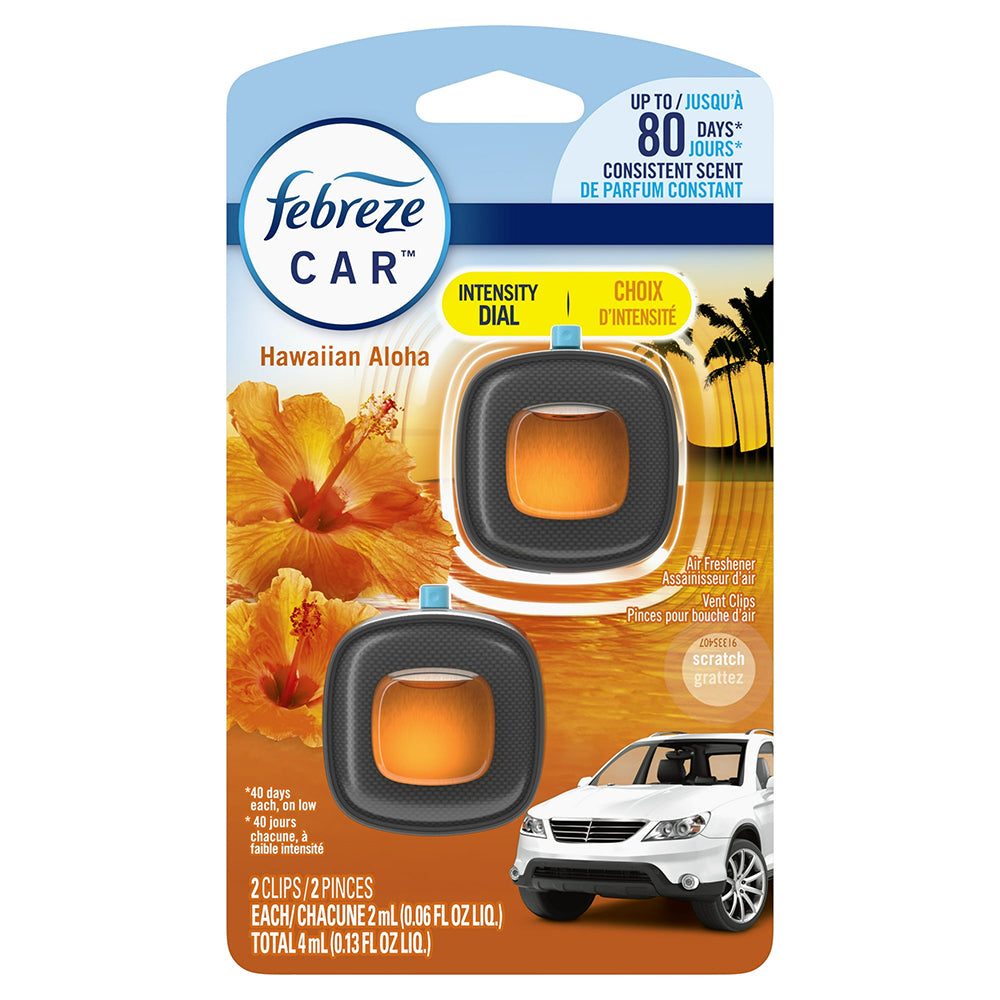Febreze Car Vent Clip Hawaiian Aloha Scent Odor Eliminator and Car Air Freshener 0.06Oz (2ml) 2Ea