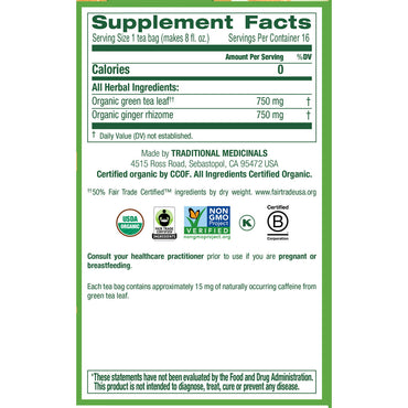 Traditional Medicinals Organic Green Tea With Ginger Herbal Tea Bags, 16 Ea