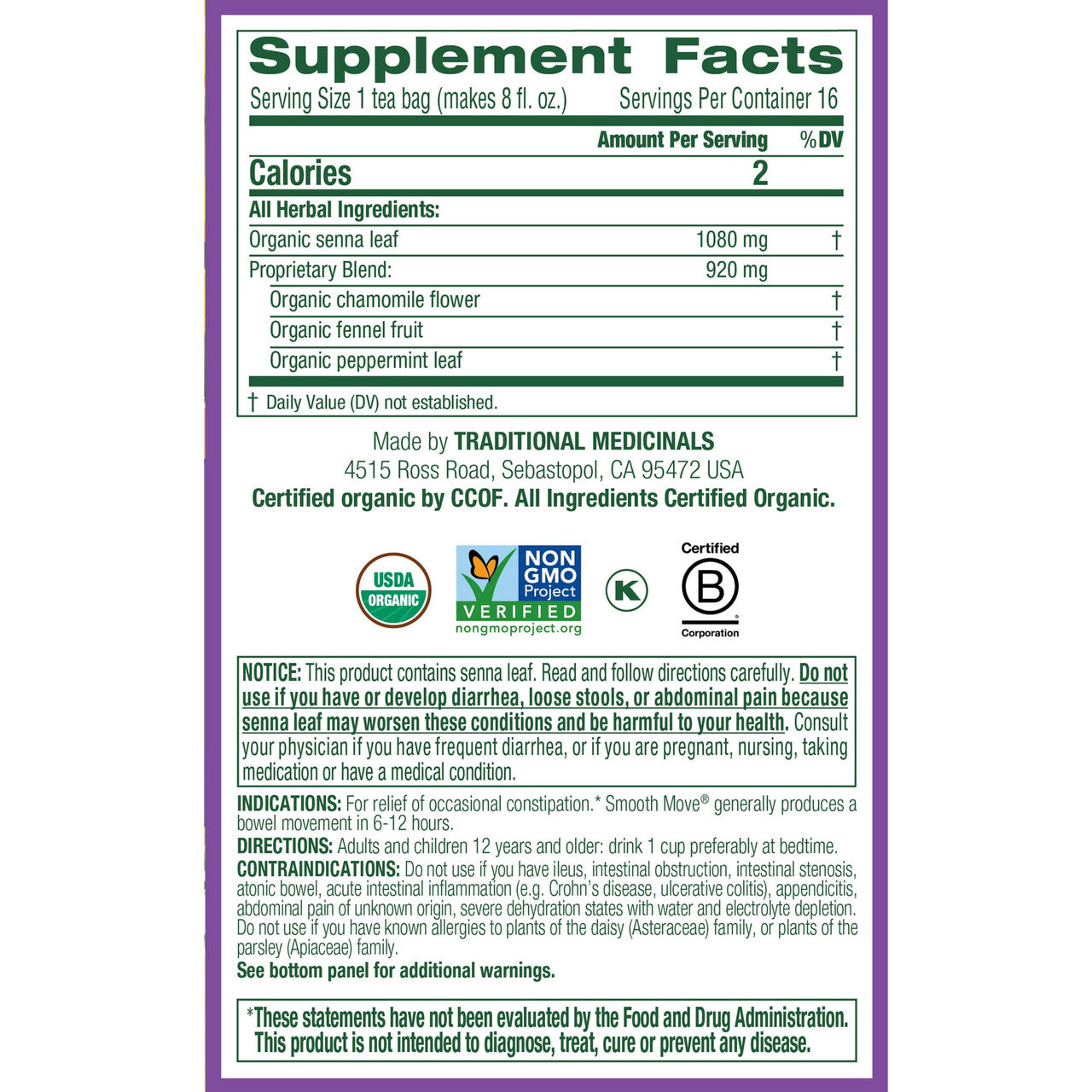 Traditional Medicinals Chamomile Smooth Move Senna Herbal Tea Bags - 16 Ea