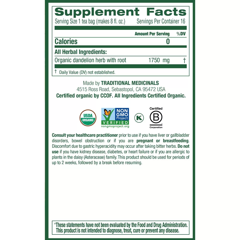 Traditional Medicinals Organic Dandelion Leaf and Root Tea, 16 Tea Bags