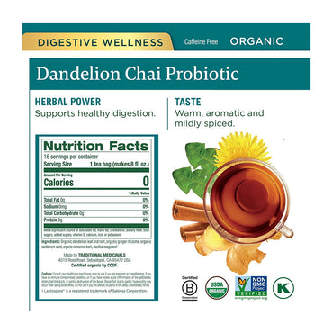 Traditional Medicinals Organic Dandelion Chai Probiotic Tea Bags, 16 Ea, 1.19 Oz