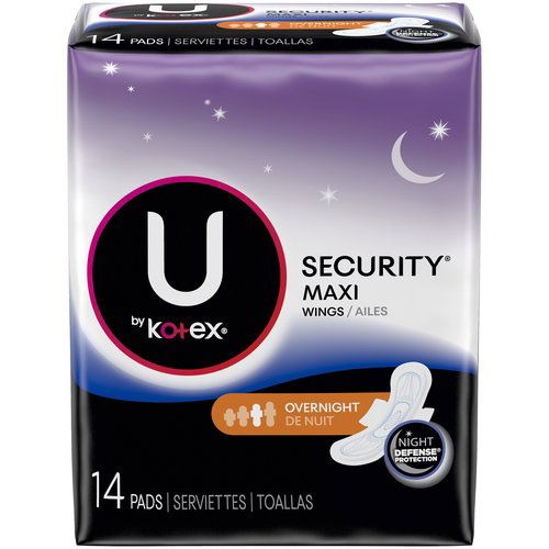 Kotex U Security Maxi Wings Absorbent Overnight Pads for Women 14Ea