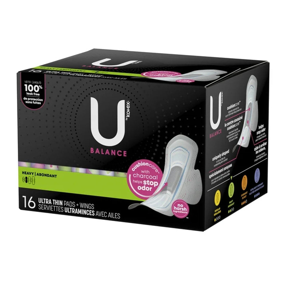 U by Kotex Balance Heavy Ultra Thin Pads Plus Wings, 16 Ea