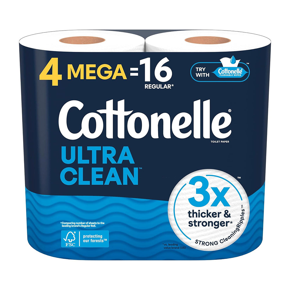 Cottonelle Ultra Clean Toilet Paper Mega Rolls for Strong and Effective Cleansing 4Ea