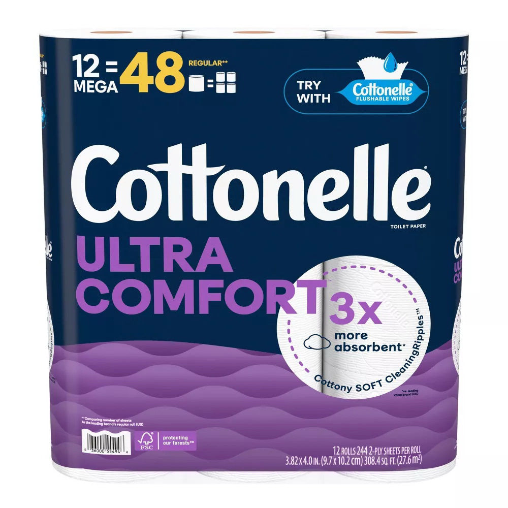 Cottonelle Ultra Comfort Toilet Paper Mega Rolls for Gentle Comfortable Bathroom Care 12Ea
