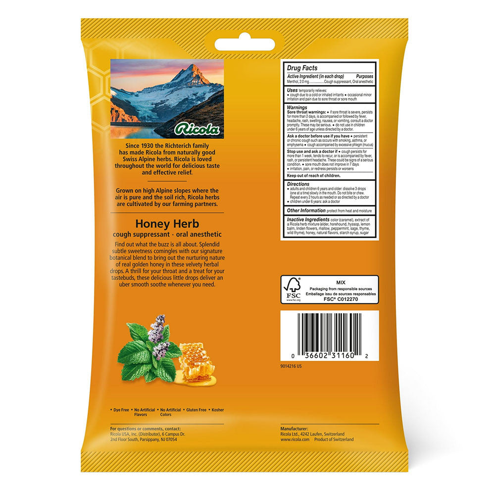 Ricola Honey Herb Soothing Cough Drops, Throat Relief and Cough Suppressant, 45 Ea