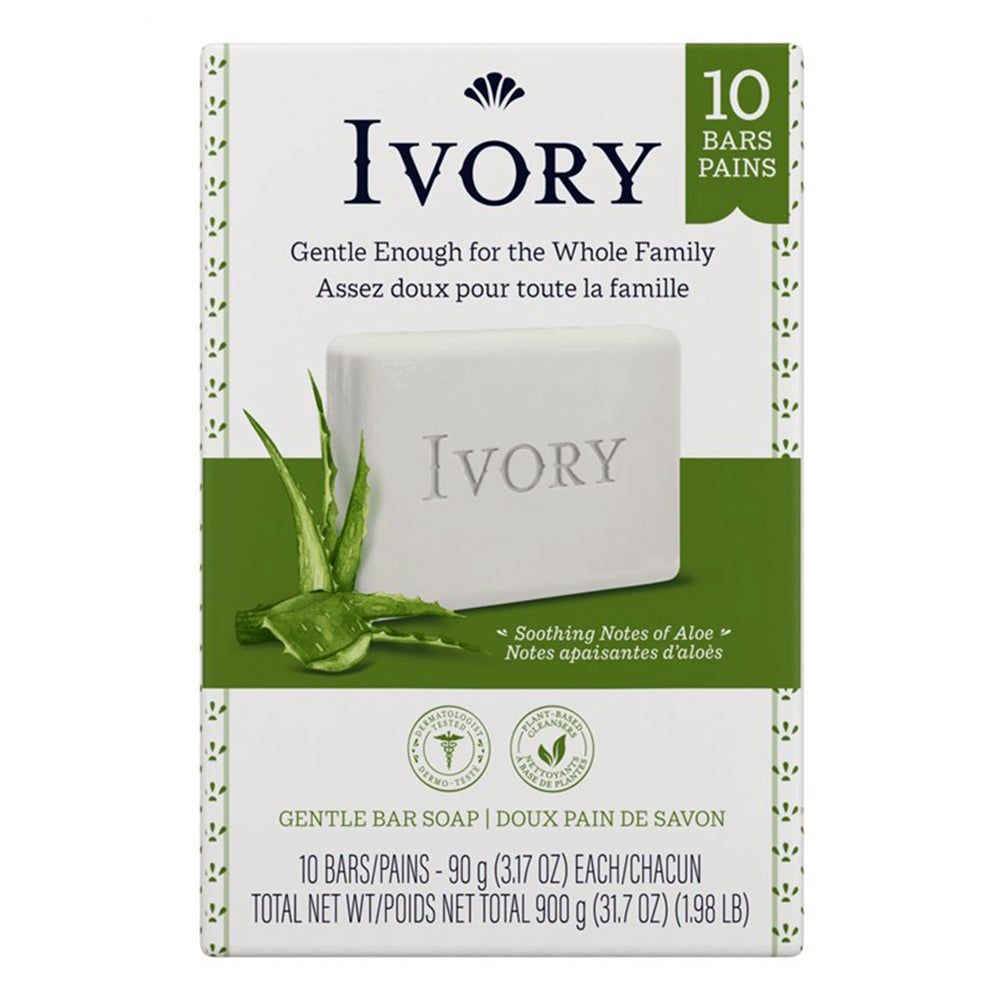 Ivory Gentle Bar Soap Soothing Aloe Scent Effective Clean Skin Free Of Dyes 3.17Oz (90g), 10Ea