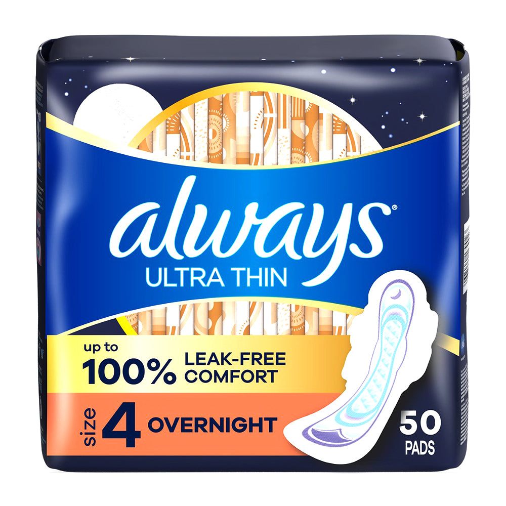 Always Ultra Thin Overnight Pads with Wings Size 4 Overnight Leak Free 50Ea
