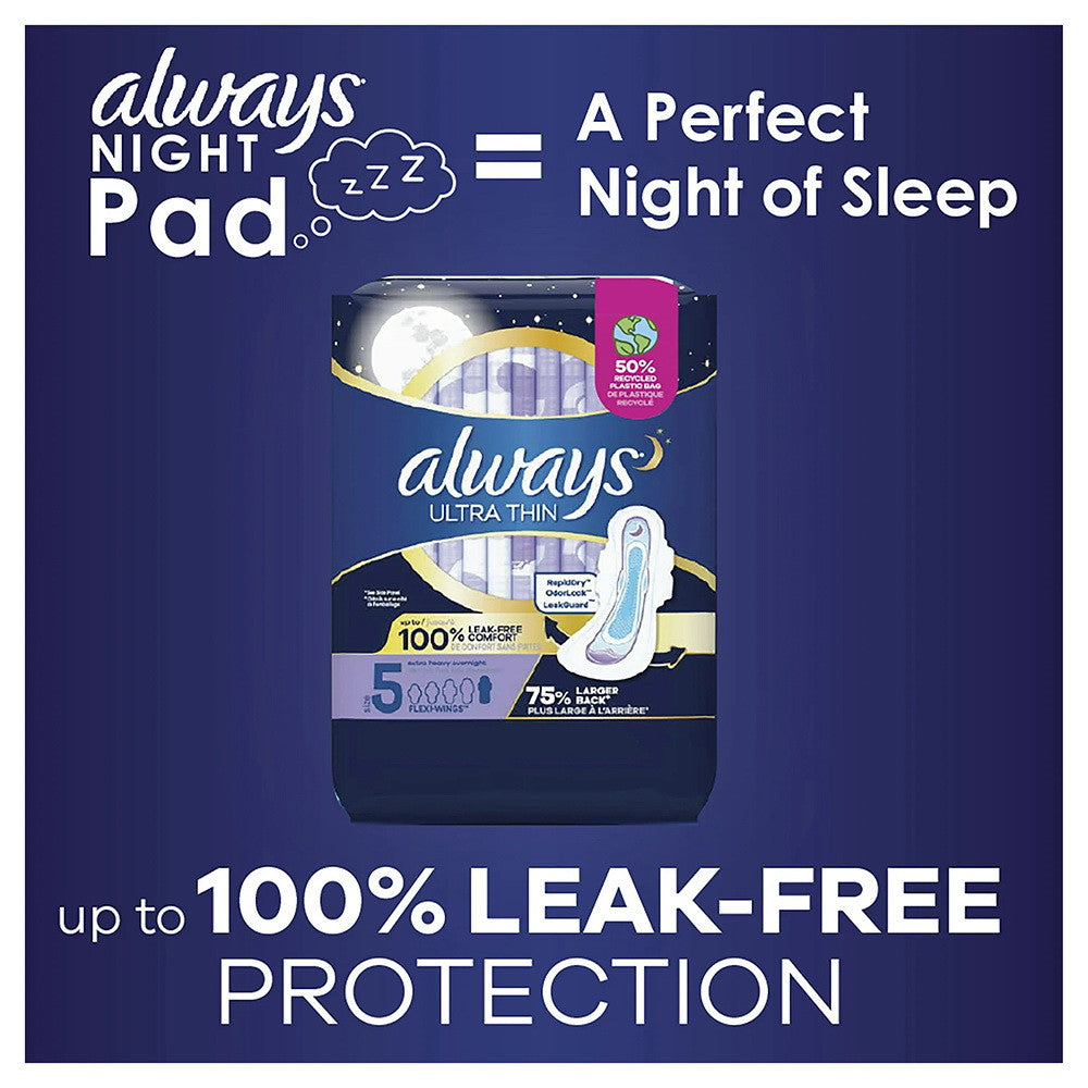 Always Ultra Thin Overnight Pads with Wings, Extra Heavy Overnight Absorbency, Size 5, 46 Ea
