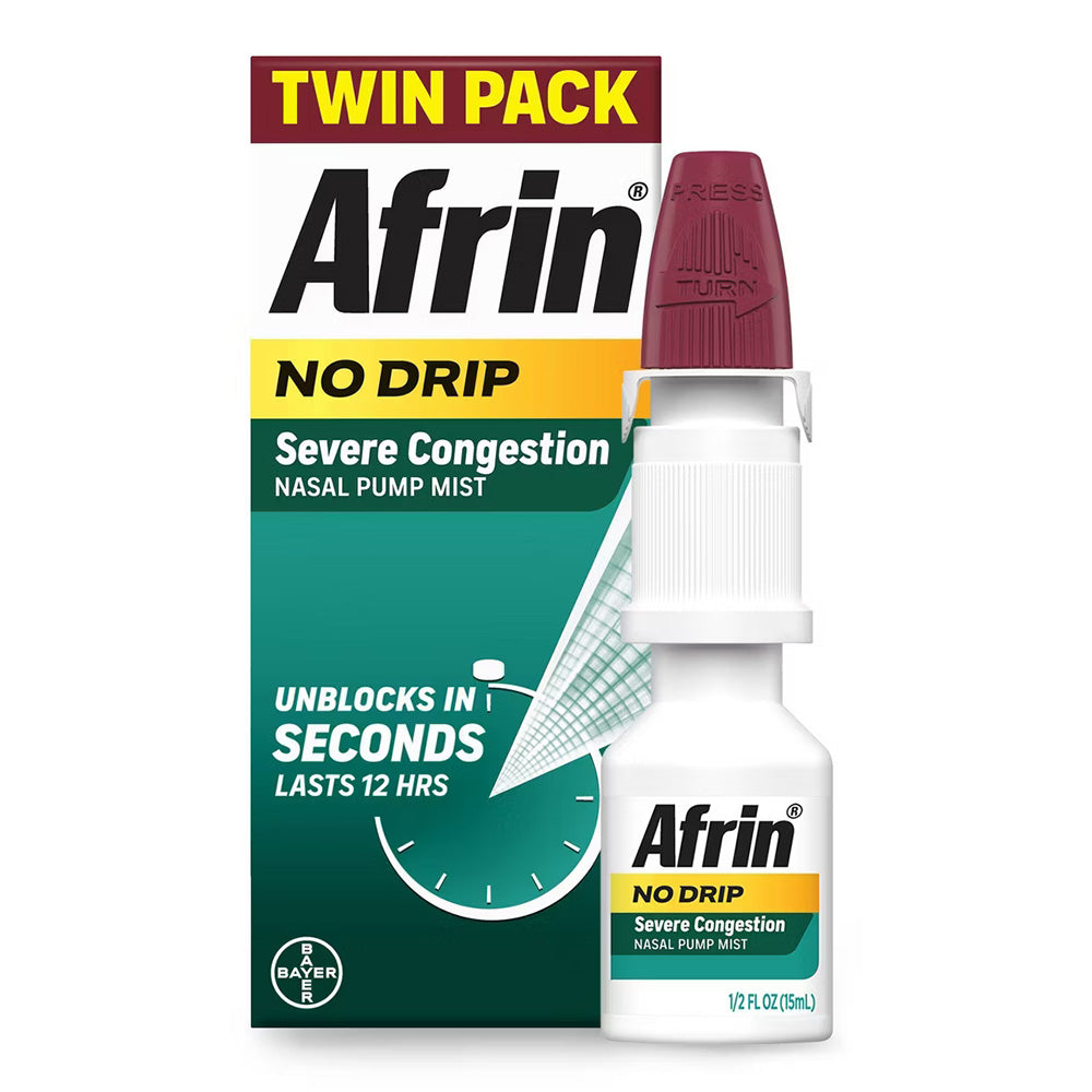 Afrin No Drip Severe Congestion Maximum Strength Nasal Spray Unblock in Seconds TwinPack 0.5Oz (15ml)