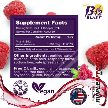 Bricker Labs B-12 Blast Methylcobalamin Vitamins, Natural Raspberry, 2 Oz