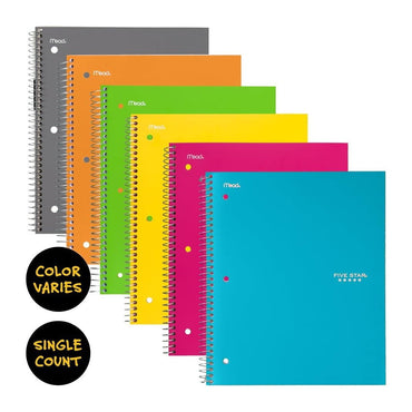 Five Star Spiral Notebook, 3 Subject, Wide Ruled Paper, 150 Sheets, Assorted Colors, 1 Ea