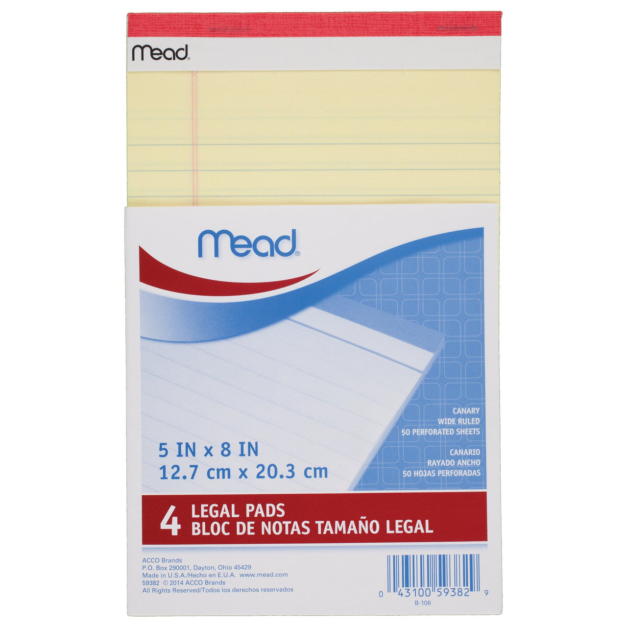 Mead Canary Junior Legal Pads, 5 x 8 Inch, 50 Sheets, 4 Ea