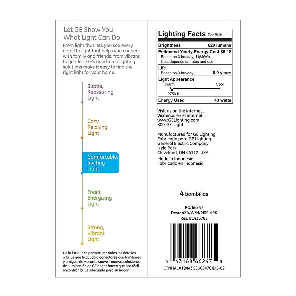 GE Lighting A19 Halogen Light Bulb, 43-Watt, Dimmable, Soft White Finish, Medium Base, 4 Ea