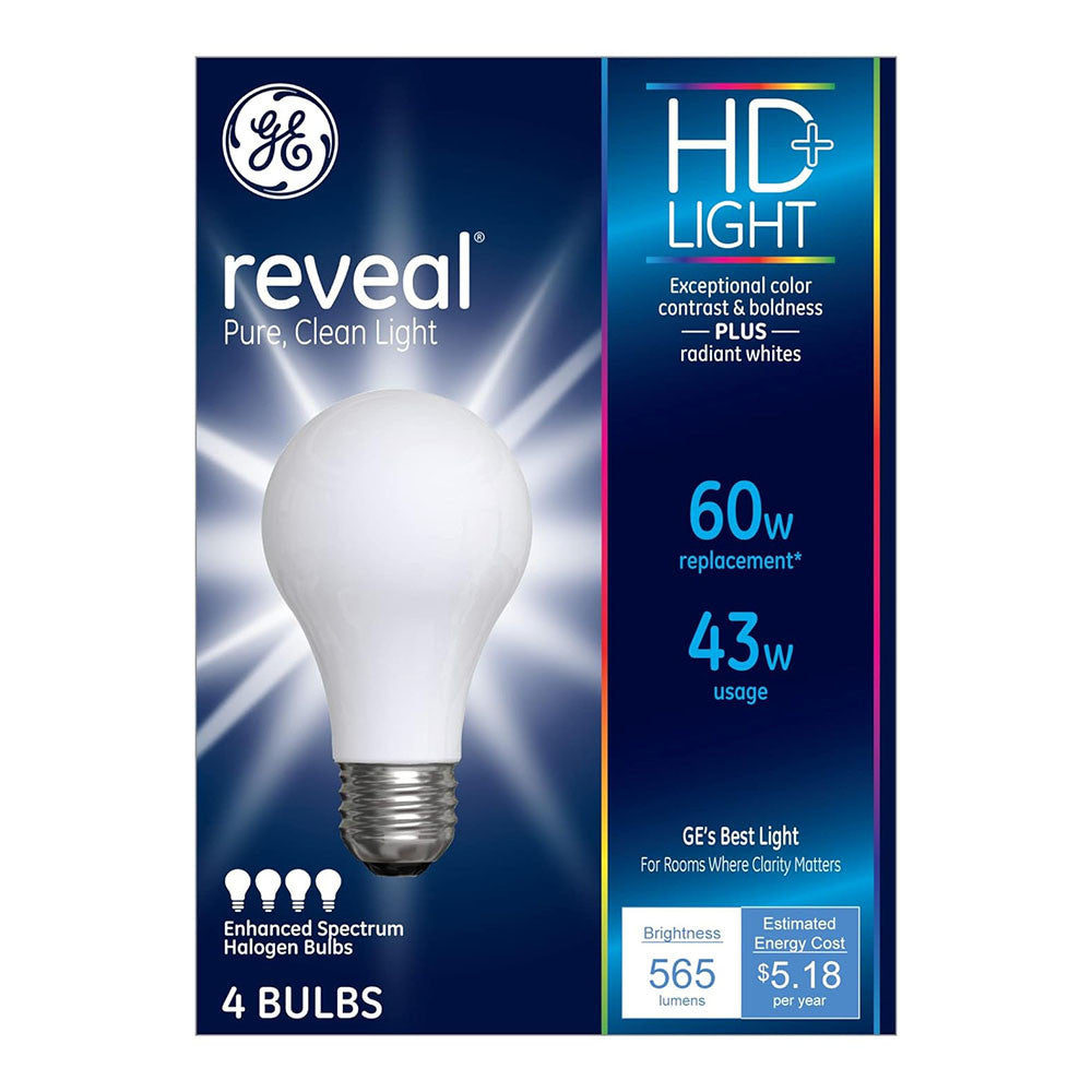 GE Lighting Reveal Clean Light Bulbs, 43 Watt, Enhanced Spectrum Halogen Bulbs, 4 Ea