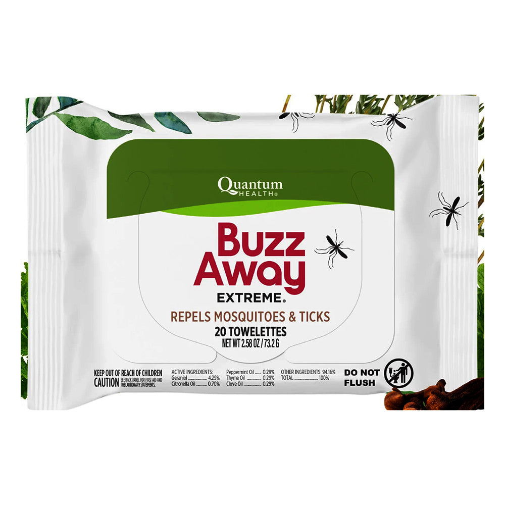 Quantum Buzz Away Extreme Towelettes for Insect Repellent and Skin Protection 2.58Oz (73.2g) 20Ea
