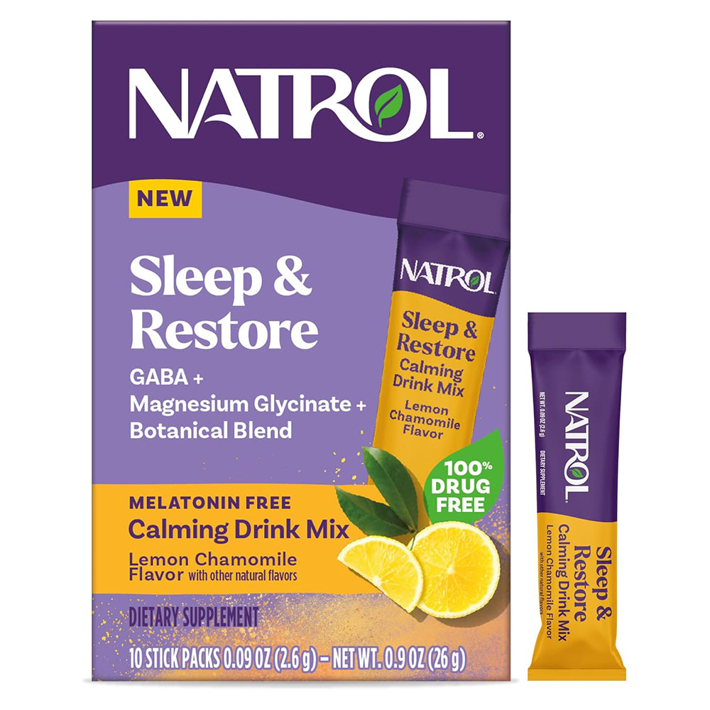 Natrol Sleep and Restore Calming Drink Mix Magnesium Sleep Aid Melatonin Free Lemon Chamomile Flavor Stick 10Ea