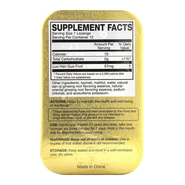 Solstice Medicine Golden Throat Lozenge Herbal Supplement, Ginseng Flavor, 12 Ea