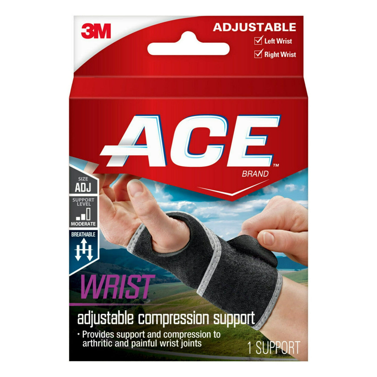 Ace Brand Adjustable Compression Wrist Support Comfortable Braces, Black, One Size, #3966, 1 Ea