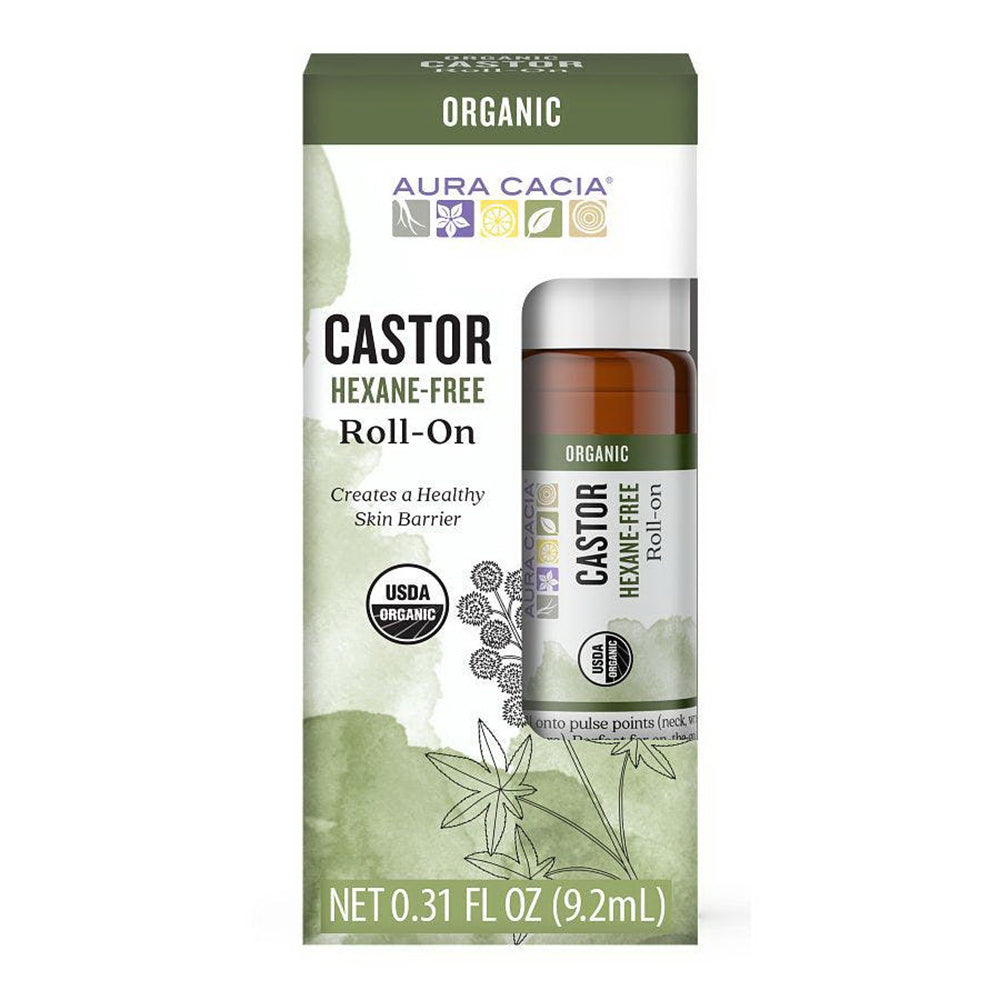 Aura Cacia Organic Essential Oil Blend Roll On Castor Oil Creates Healthy Skin Barrier Hexane Free 0.31Oz (9.2ml)