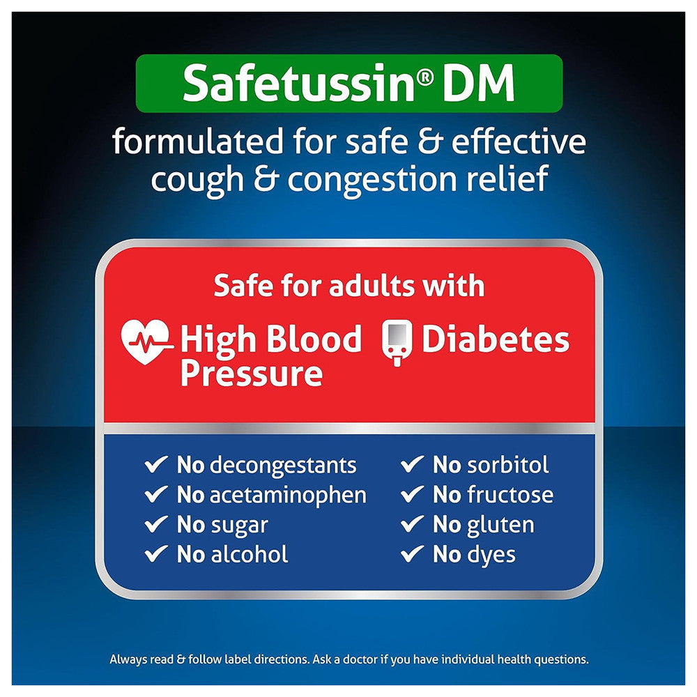 Safetussin Dm Cough and Chest Congestion Relief Syrup for High Blood Pressure and Diabetes, 8 Oz