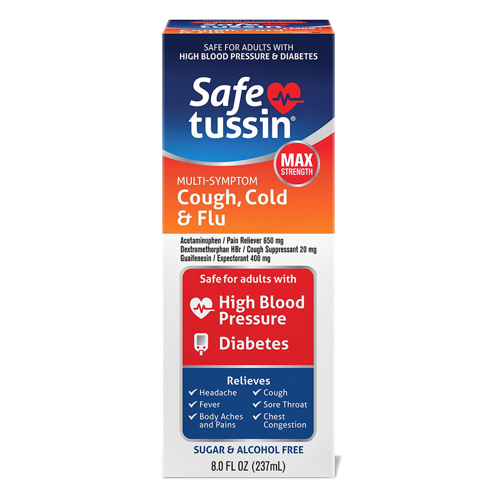 Safetussin Max Strength Multi Symptom Cough, Cold and Flu Liquid, 8 Oz