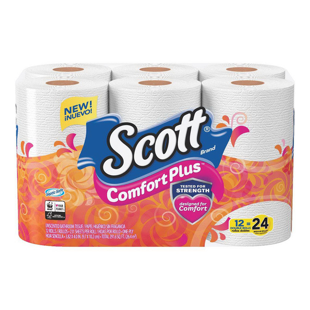 Scott Comfort Plus Toilet Paper, 12 Double Rolls, 12 Ea