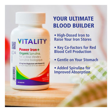 Vitality Power Iron Plus Spirulina Vegetarian Capsules, Blood Builder, 120 Ea
