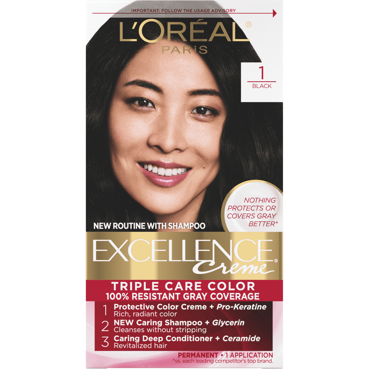 Loreal Excellence Triple Protection Hair Color Creme, 1 Natural/Black - Kit