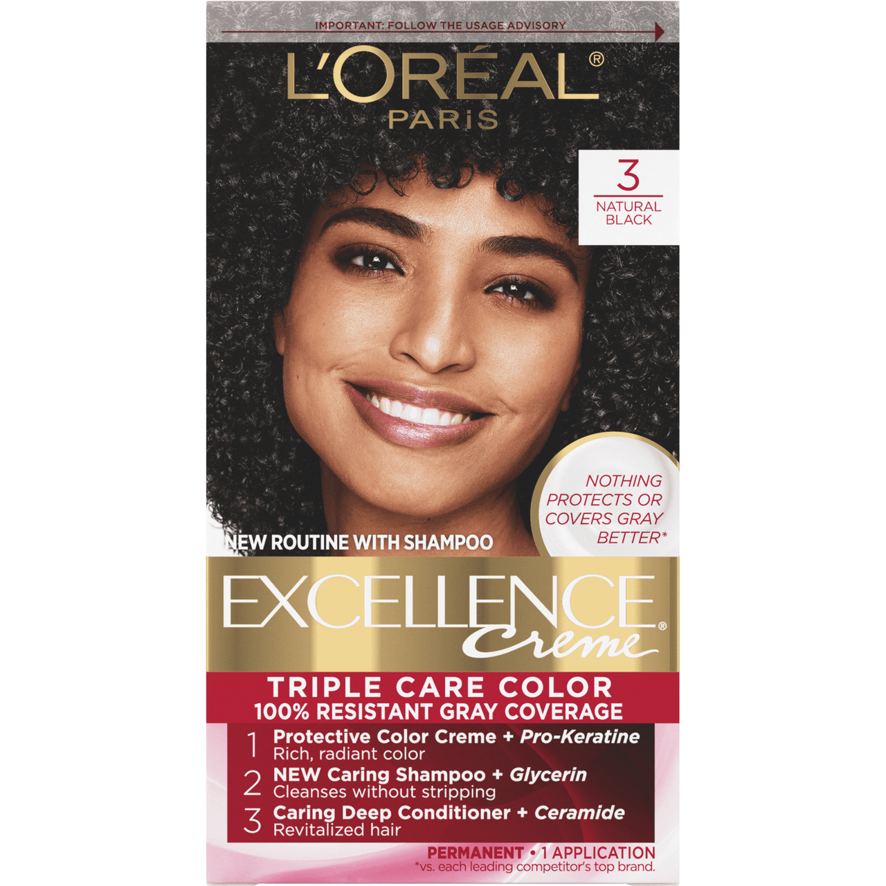 Loreal Excellence Triple Protection Hair Color Creme, 3 Natural Black - 1 Ea