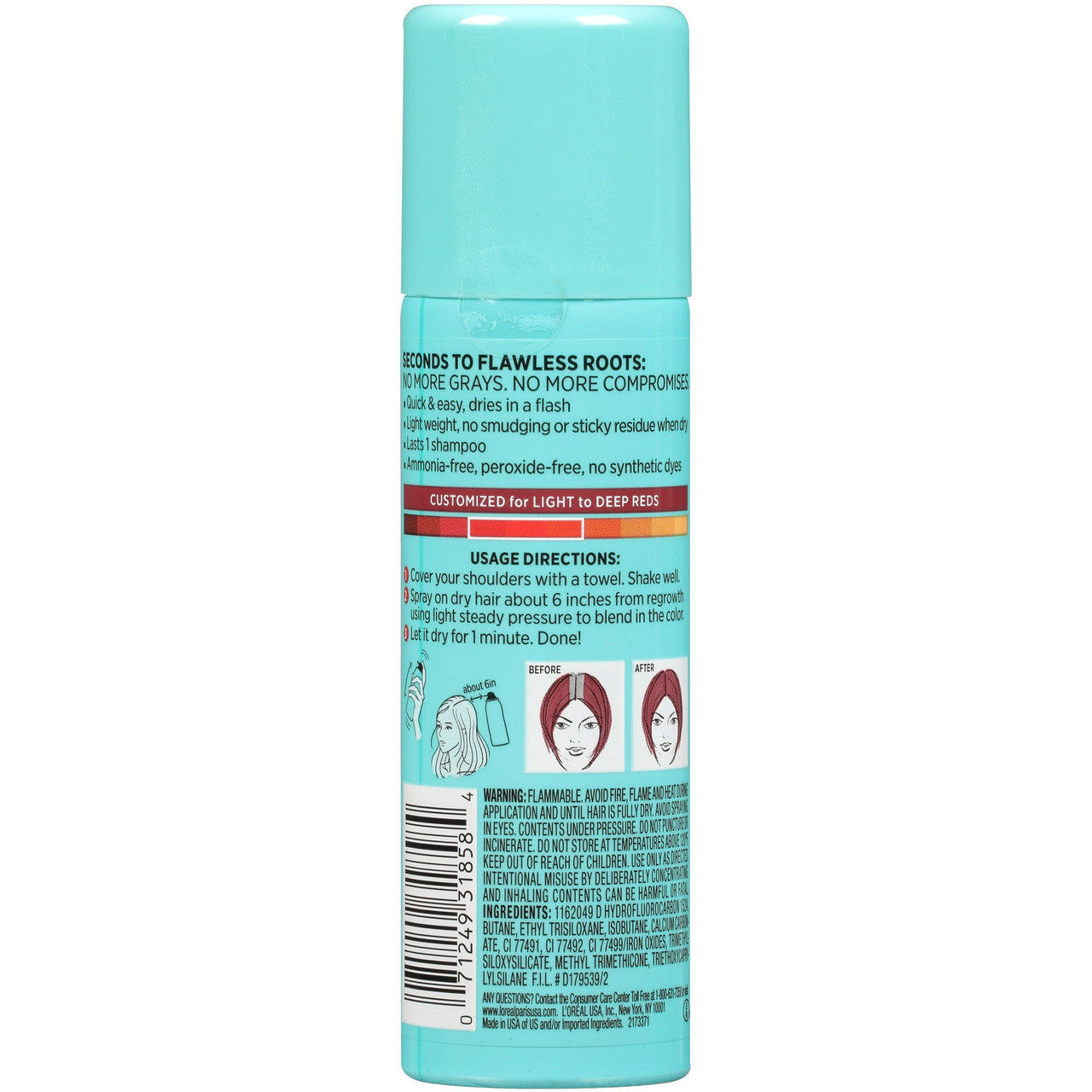 Loreal Paris Hair Color Root Cover Up Dye Kit, Temporary Gray Concealer Spray, Red, 2 oz