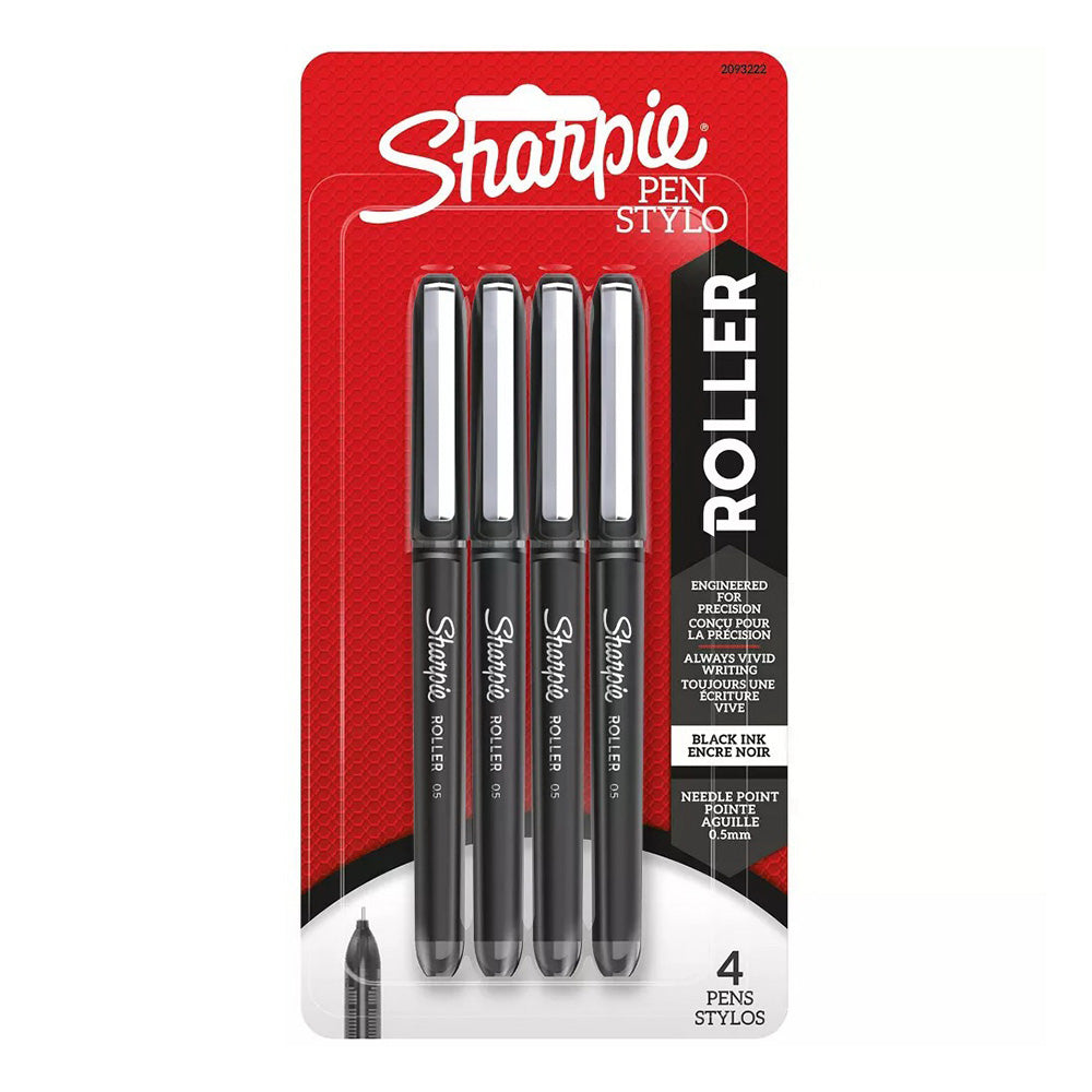 Sharpie Roller Stylo Pens 0.5mm Black Ink 4Ea